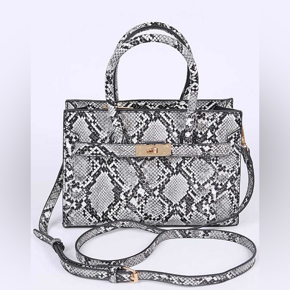 Vegan Leather Snakeskin Print Top Handle Shoulder Bag